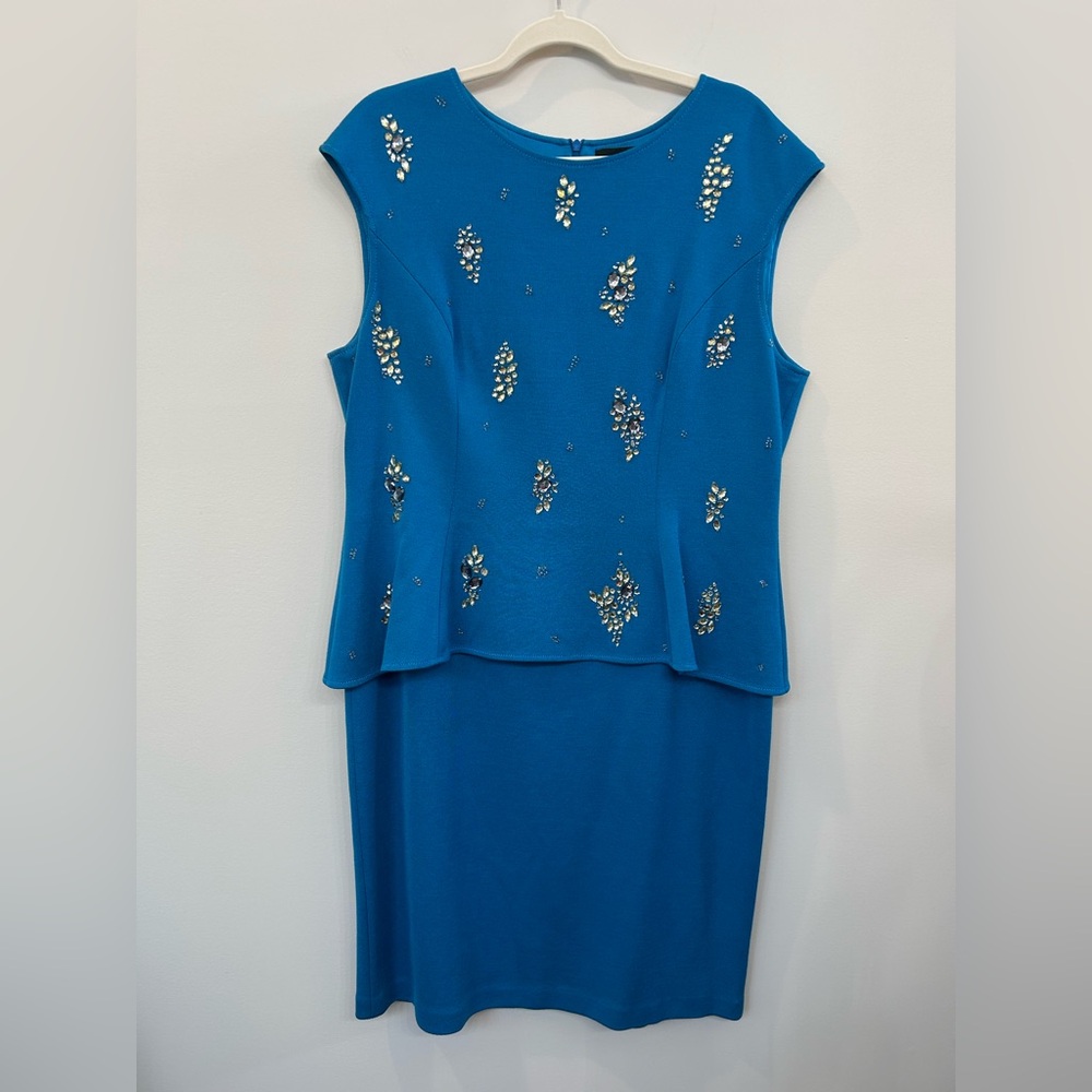 ST. JOHN Evening Dress Embellished Ocean Blue Peplum Wool Blend Formal Size 16